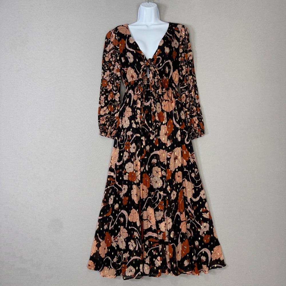 J.Crew Collection Tie-front Lurex Dress Womens XS Black Floral Metallic Sundress - Picture 2 of 16